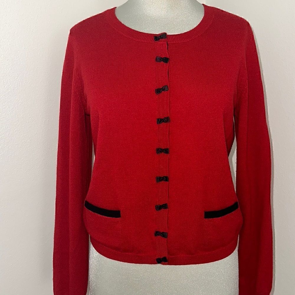 Lord & Taylor red merino sweater black bow small s